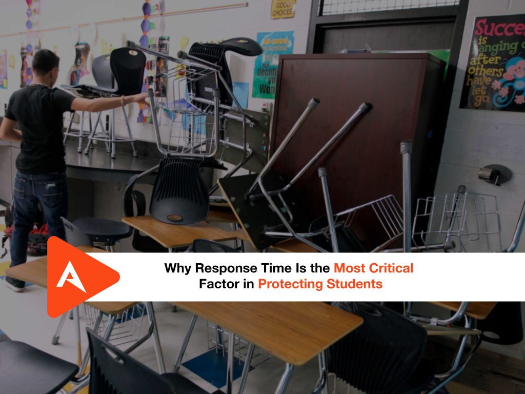 Classroom with desks and chairs stacked and pushed against a door as a barricade while a student moves furniture into place; overlaid text reads, “Why Response Time Is the Most Critical Factor in Protecting Students.